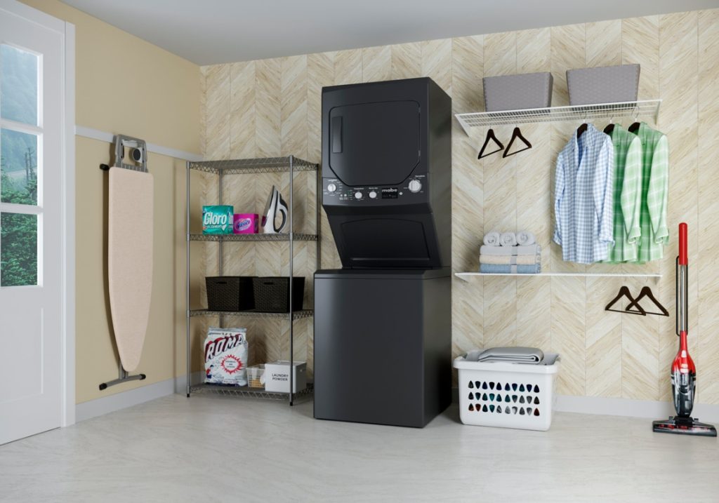 centro de lavado y estantes